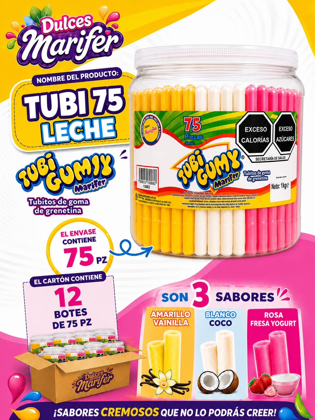 Tubi Gumy Leche bote de 75 piezas